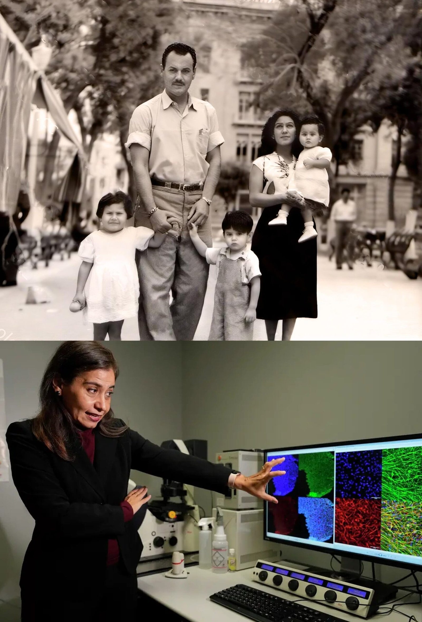 Eugenia da bambina a Torreón, 1950; sua figlia Consuelo Walss-Bass nel suo laboratorio a UTHealth Houston, 75 anni dopo
